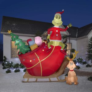 Giant Grinch and Max with Sleight Christmas Yard Inflatables